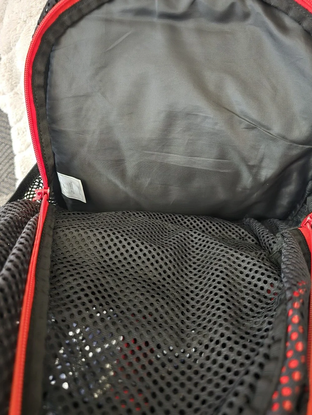 adidas Black Mesh Backpack with Red Trim and Center Strip